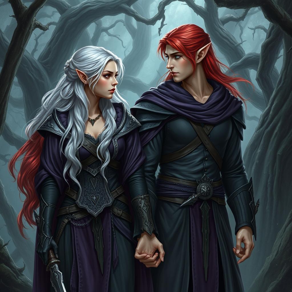 An enchanting artistic rendering of a fantasy character couple consisting of a human woman and a male elf