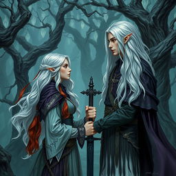 An enchanting artistic rendering of a fantasy character couple consisting of a human woman and a male elf