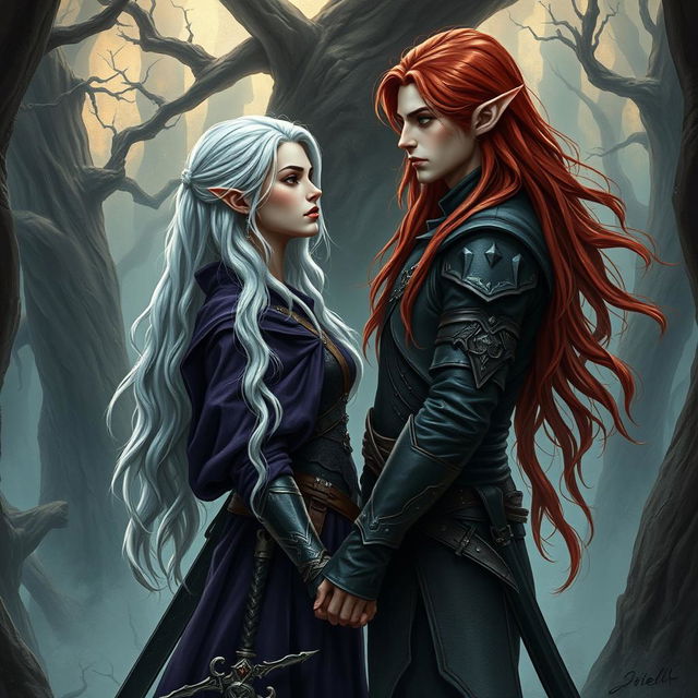 An enchanting artistic rendering of a fantasy character couple consisting of a human woman and a male elf