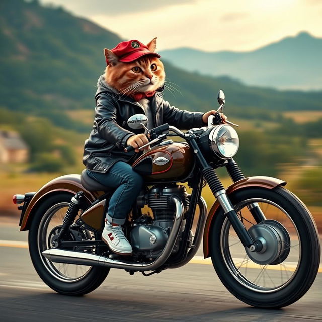 A stylish cat wearing a black leather jacket, a trendy red cap, and white shoes, adorned with a diamond locket