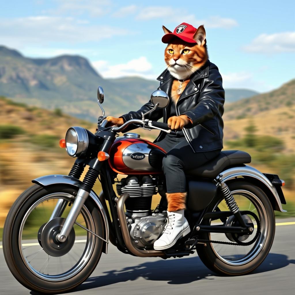 A stylish cat wearing a black leather jacket, a trendy red cap, and white shoes, adorned with a diamond locket