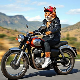 A stylish cat wearing a black leather jacket, a trendy red cap, and white shoes, adorned with a diamond locket