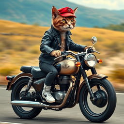 A stylish cat wearing a black leather jacket, a trendy red cap, and white shoes, adorned with a diamond locket