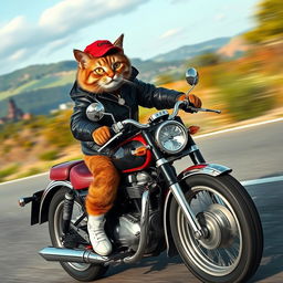 A stylish cat wearing a black leather jacket, a trendy red cap, and white shoes, adorned with a diamond locket