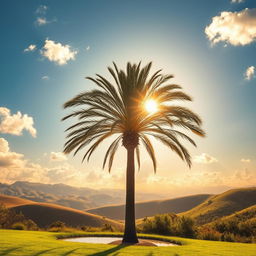 A majestic palm tree standing tall in a breathtaking landscape that evokes a sense of hope and glory