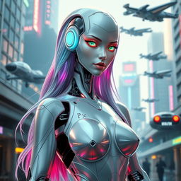 A stunning female robot with a futuristic design, featuring sleek metallic limbs and a glowing face