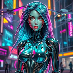 A stunning female robot with a futuristic design, featuring sleek metallic limbs and a glowing face