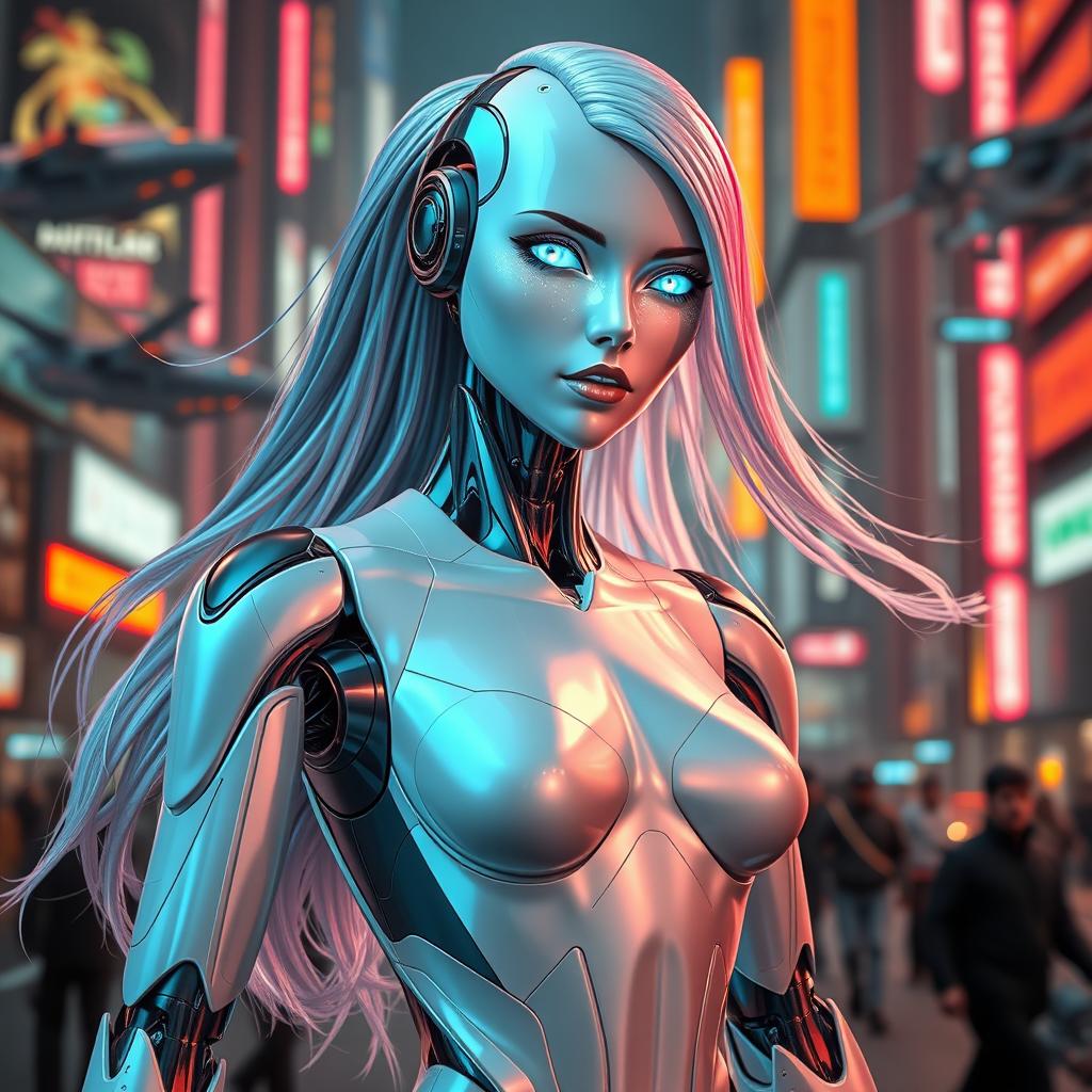 A stunning female robot with a futuristic design, featuring sleek metallic limbs and a glowing face