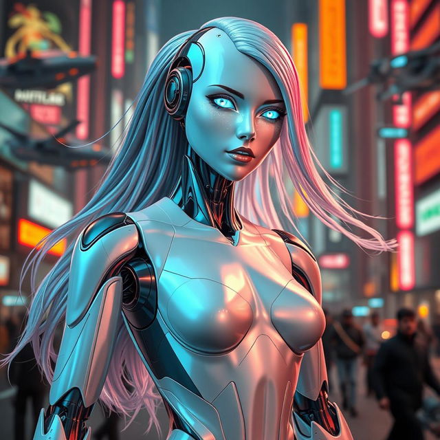A stunning female robot with a futuristic design, featuring sleek metallic limbs and a glowing face
