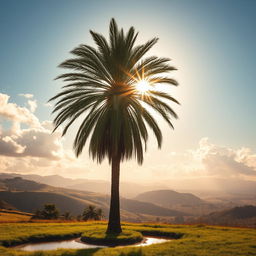 A majestic palm tree standing tall in a breathtaking landscape that evokes a sense of hope and glory