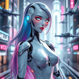 A stunning female robot with a futuristic design, featuring sleek metallic limbs and a glowing face
