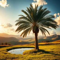 A majestic palm tree standing tall in a breathtaking landscape that evokes a sense of hope and glory