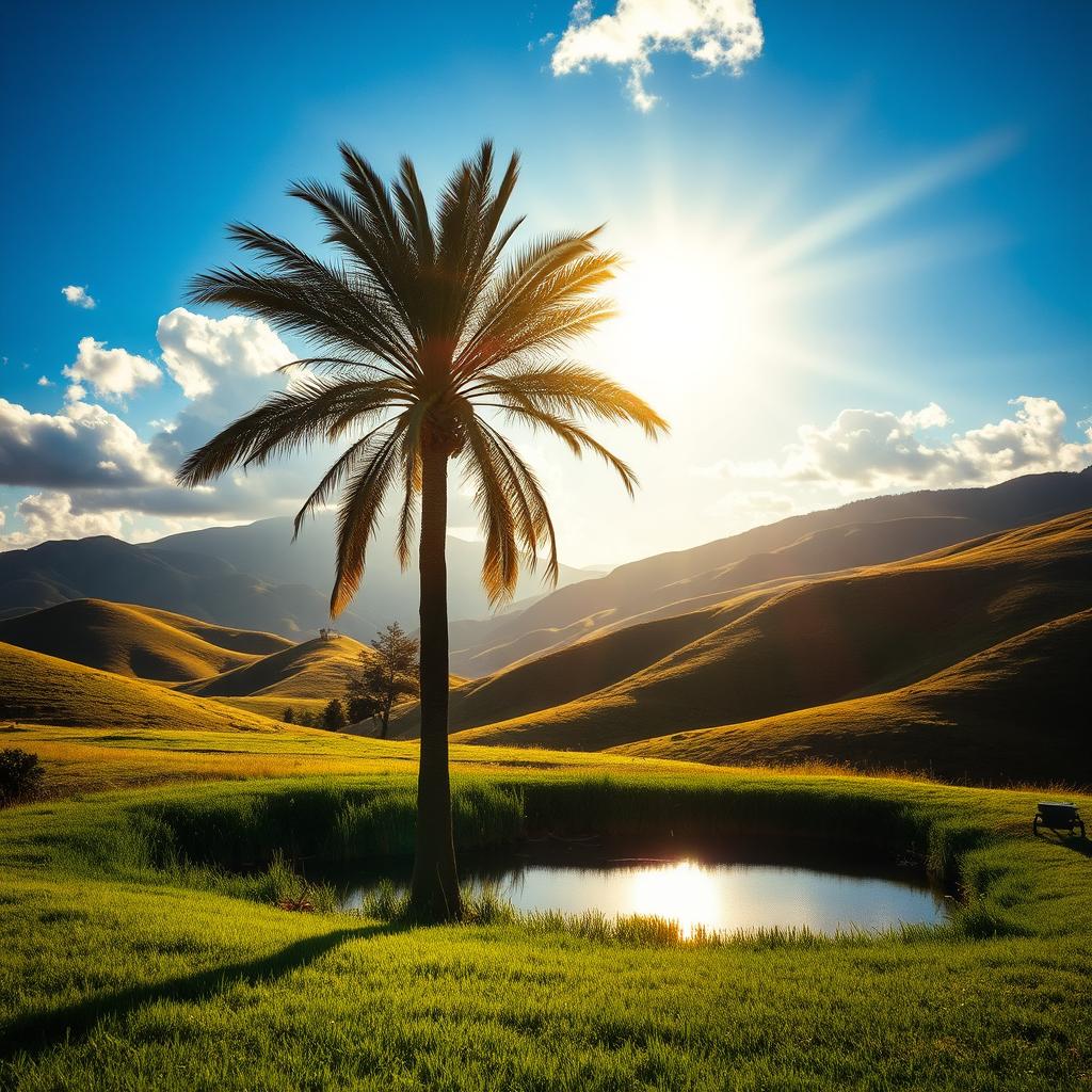 A majestic palm tree standing tall in a breathtaking landscape that evokes a sense of hope and glory