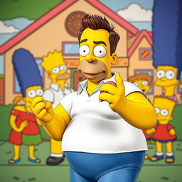 Adam Sandler portraying a live-action Homer Simpson, complete with the iconic yellow skin, blue pants, and white shirt