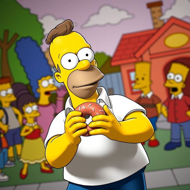 Adam Sandler portraying a live-action Homer Simpson, complete with the iconic yellow skin, blue pants, and white shirt