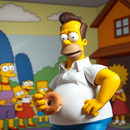 Adam Sandler portraying a live-action Homer Simpson, complete with the iconic yellow skin, blue pants, and white shirt