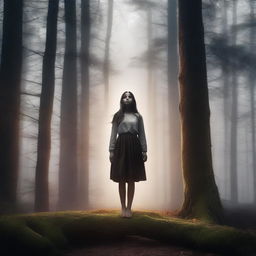 A high-resolution 4K image showcasing a dark, detailed forest with a girl levitating in the center