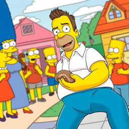 Adam Sandler portraying a live-action Homer Simpson, complete with the iconic yellow skin, blue pants, and white shirt