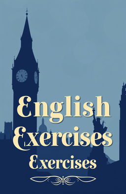 A striking design featuring a blue and gray gradient background, with prominent silhouettes of Big Ben and the Statue of Liberty