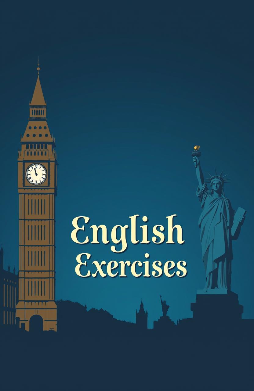 A striking design featuring a blue and gray gradient background, with prominent silhouettes of Big Ben and the Statue of Liberty