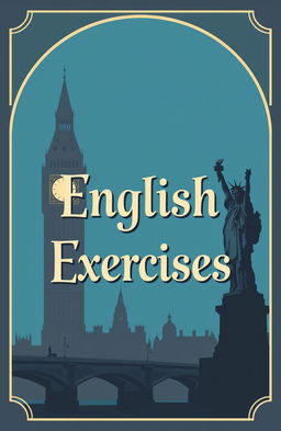 A striking design featuring a blue and gray gradient background, with prominent silhouettes of Big Ben and the Statue of Liberty
