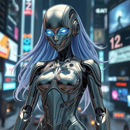 A futuristic robot girl with sleek metallic limbs and a humanoid appearance, featuring a reflective chrome surface with intricate circuitry patterns