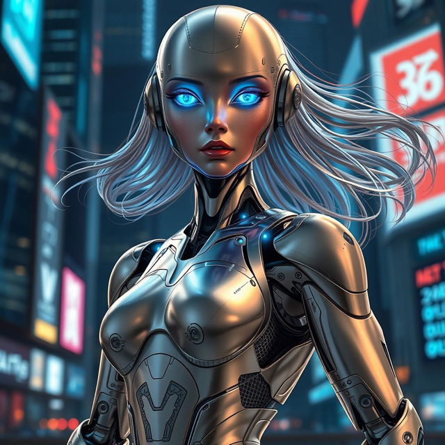 A futuristic robot girl with sleek metallic limbs and a humanoid appearance, featuring a reflective chrome surface with intricate circuitry patterns