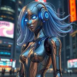 A futuristic robot girl with sleek metallic limbs and a humanoid appearance, featuring a reflective chrome surface with intricate circuitry patterns