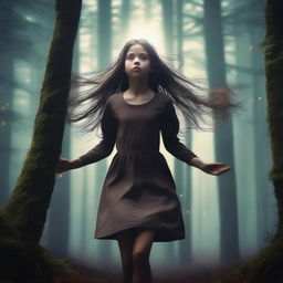 A high-resolution 4K image showcasing a dark, detailed forest with a girl levitating in the center