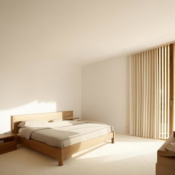 A minimalist bedroom featuring elegant wooden furniture against pristine white walls, bathed in soft, natural light.