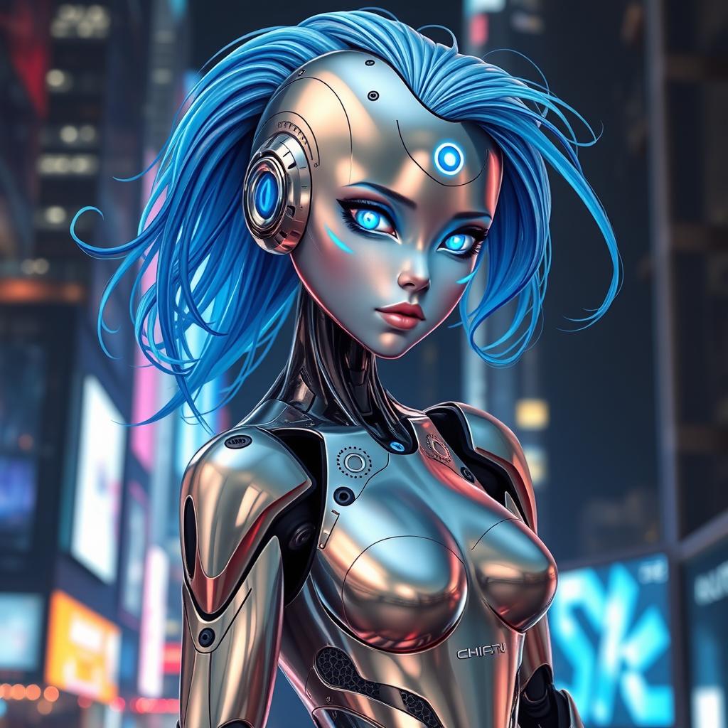 A futuristic robot girl with sleek metallic limbs and a humanoid appearance, featuring a reflective chrome surface with intricate circuitry patterns