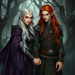 An exquisite artistic portrayal of a fantasy character couple consisting of a human woman and a male elf