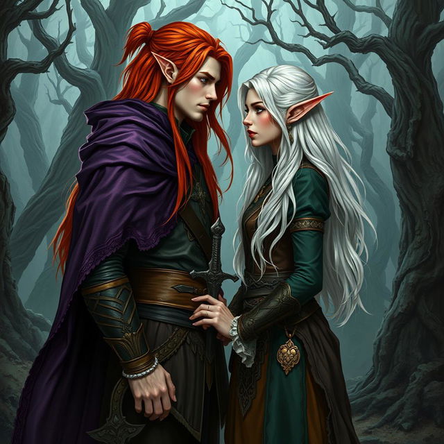 An exquisite artistic portrayal of a fantasy character couple consisting of a human woman and a male elf