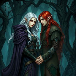 An exquisite artistic portrayal of a fantasy character couple consisting of a human woman and a male elf