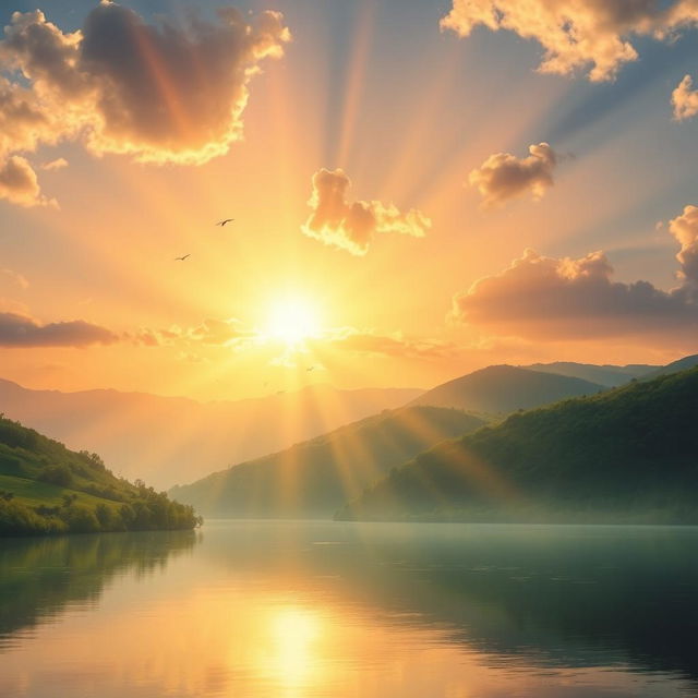 A radiant sunrise with sun rays illuminating a serene landscape, featuring lush green hills, a tranquil lake reflecting the colorful sky, scattered fluffy clouds, and the warm glow of the sun breaking through, enhancing the peaceful atmosphere