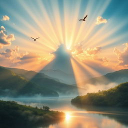 A radiant sunrise with sun rays illuminating a serene landscape, featuring lush green hills, a tranquil lake reflecting the colorful sky, scattered fluffy clouds, and the warm glow of the sun breaking through, enhancing the peaceful atmosphere