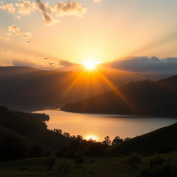 A radiant sunrise with sun rays illuminating a serene landscape, featuring lush green hills, a tranquil lake reflecting the colorful sky, scattered fluffy clouds, and the warm glow of the sun breaking through, enhancing the peaceful atmosphere