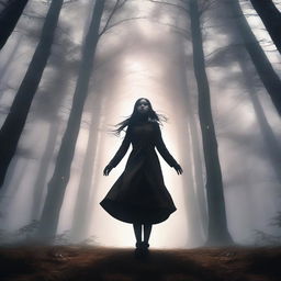 A high-resolution 4K image showcasing a dark, detailed forest with a girl levitating in the center