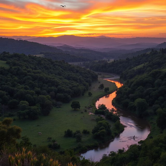 A breathtaking landscape of the Angolo hunting reserve, featuring lush green forests, rolling hills, and a vibrant sunset painting the sky with hues of orange and purple