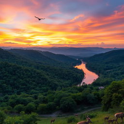 A breathtaking landscape of the Angolo hunting reserve, featuring lush green forests, rolling hills, and a vibrant sunset painting the sky with hues of orange and purple