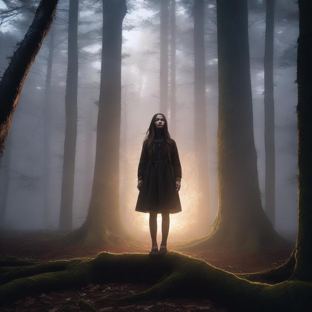 A high-resolution 4K image showcasing a dark, detailed forest with a girl levitating in the center