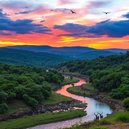 A breathtaking landscape of the Angolo hunting reserve, featuring lush green forests, rolling hills, and a vibrant sunset painting the sky with hues of orange and purple