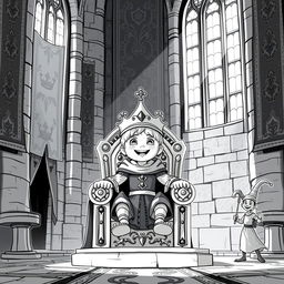A cute and childish medieval King sitting on a grand throne inside the main hall of a castle