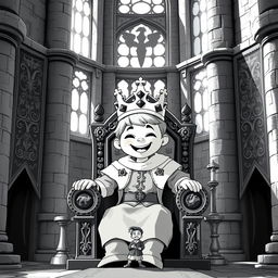 A cute and childish medieval King sitting on a grand throne inside the main hall of a castle