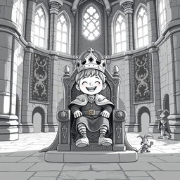 A cute and childish medieval King sitting on a grand throne inside the main hall of a castle
