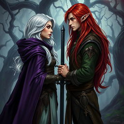 A captivating artistic depiction of a fantasy character couple, featuring a human woman and a male elf