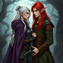 A captivating artistic depiction of a fantasy character couple, featuring a human woman and a male elf