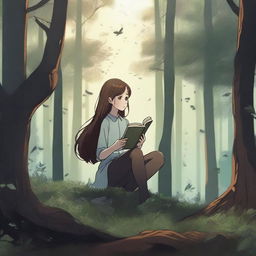 A detailed 4K image showcasing a dark, dense forest with a girl floating in the middle, holding a book