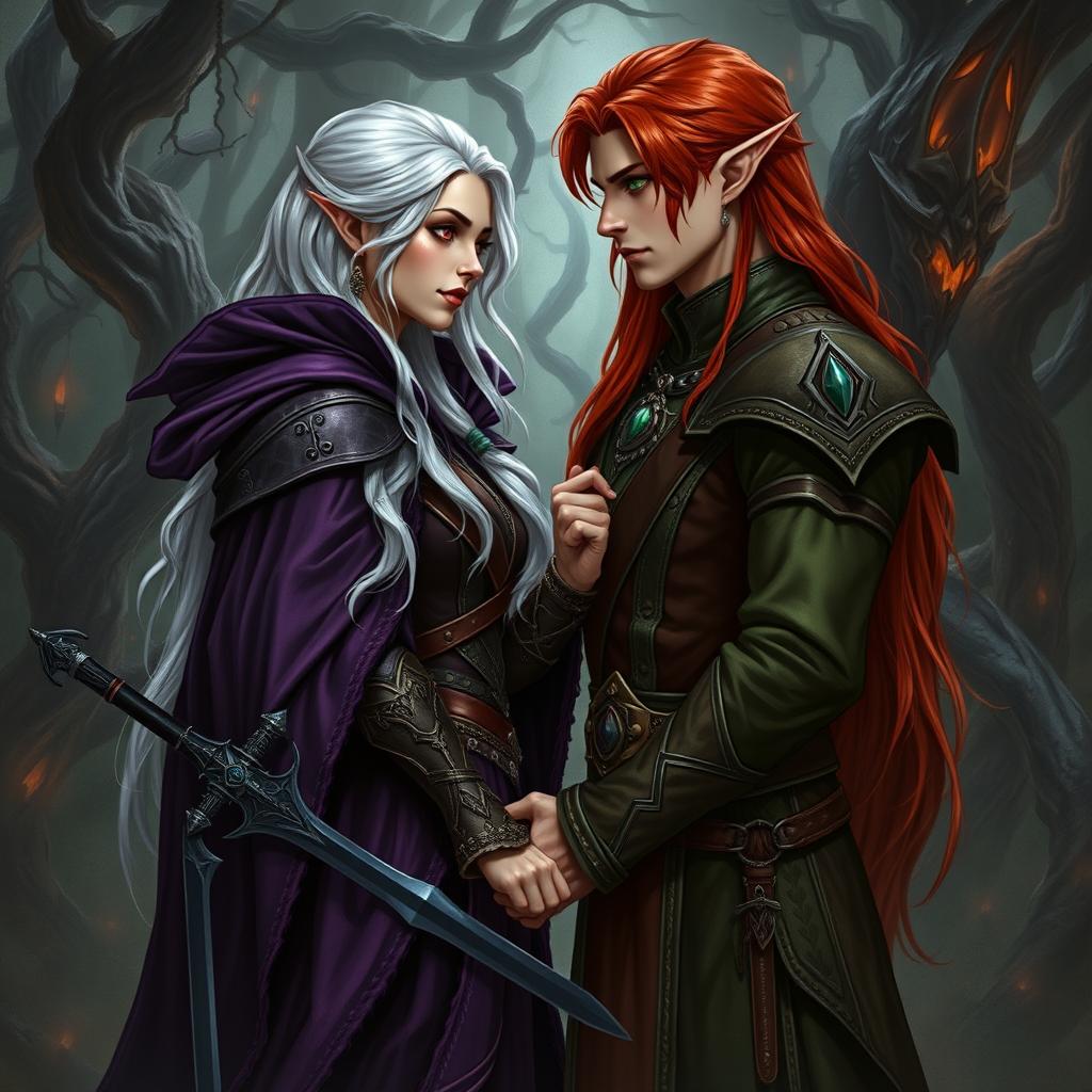 A captivating artistic depiction of a fantasy character couple, featuring a human woman and a male elf