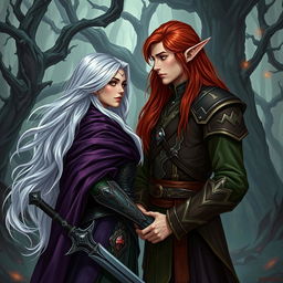 A captivating artistic depiction of a fantasy character couple, featuring a human woman and a male elf